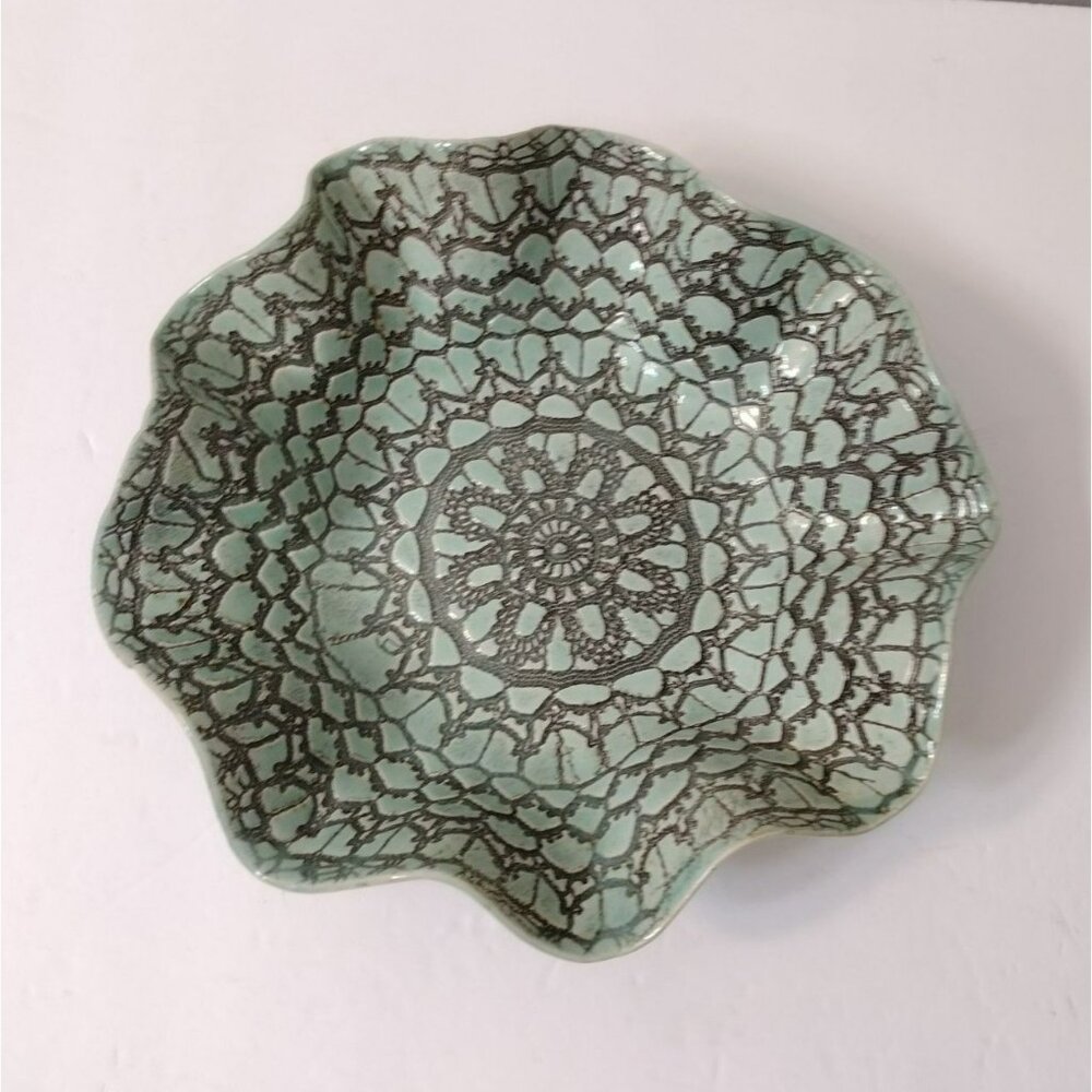 Handcrafted Ceramic Ruffled Bowl Lace Design Signed K Jeffers Green Brown 9"